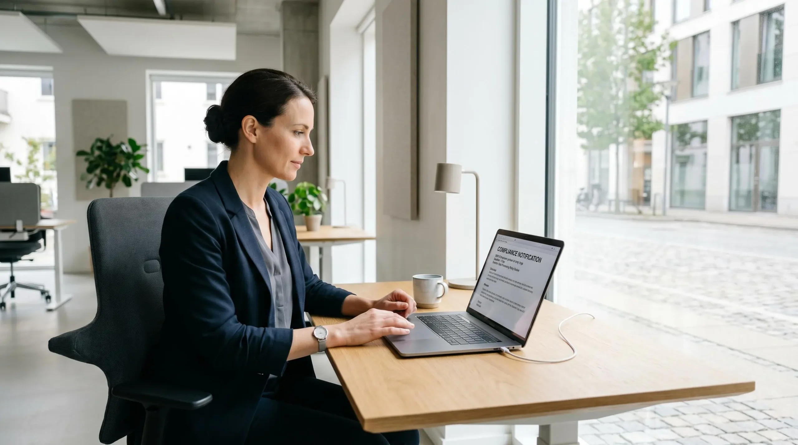 Professionnel vérifiant une notification de conformité réglementaire sur un ordinateur portable dans un environnement de bureau moderne et lumineux