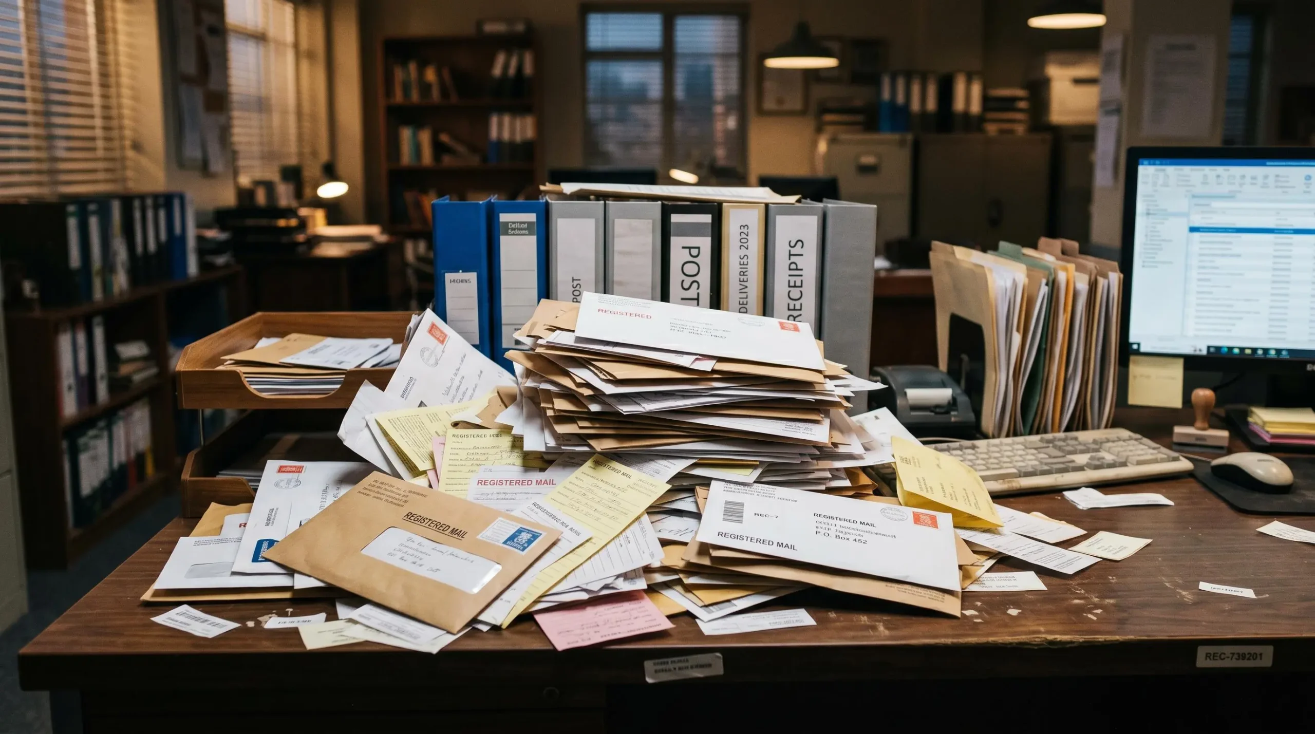 Pile de courriers recommandés papier non triés sur un bureau administratif, illustrant la charge de gestion manuelle