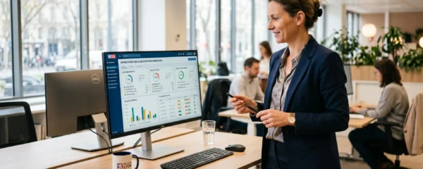 Responsable administratif consultant une interface de suivi d'envois dématérialisés dans un open space moderne