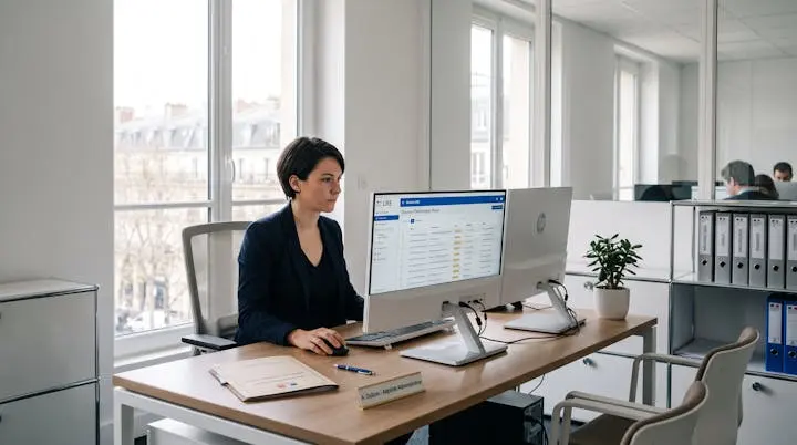 Bureau administratif moderne avec agent traitant la correspondance numérique sur interface de traçabilité des lettres recommandées électroniques
