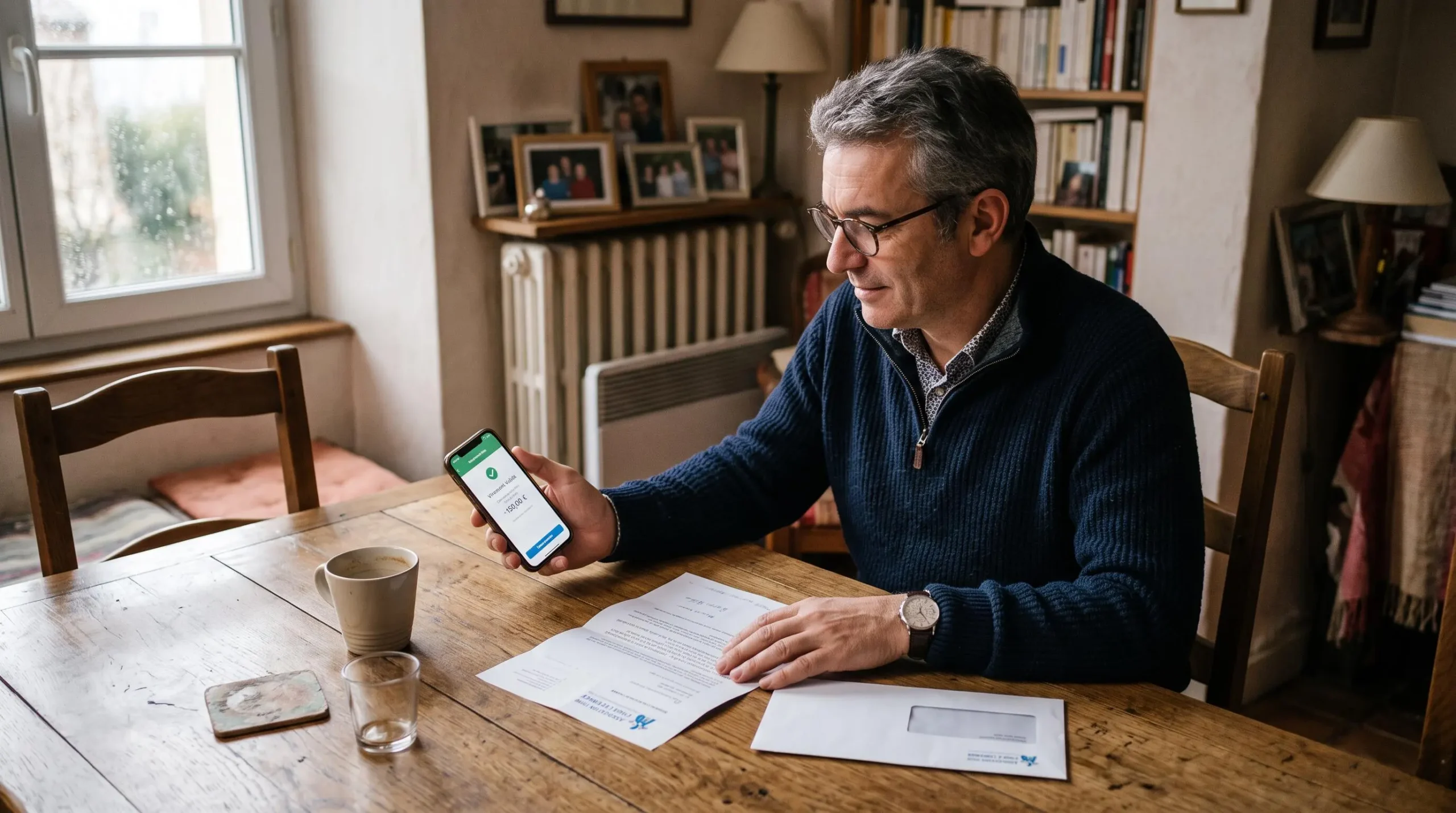 Un homme compare une confirmation de virement sur son téléphone avec un courrier d'association.