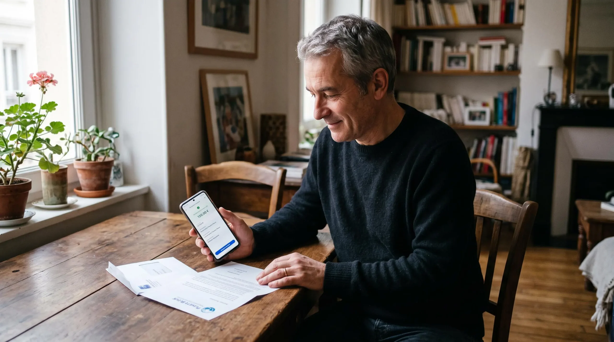 Un homme compare une confirmation de virement sur son téléphone avec un courrier d'association.