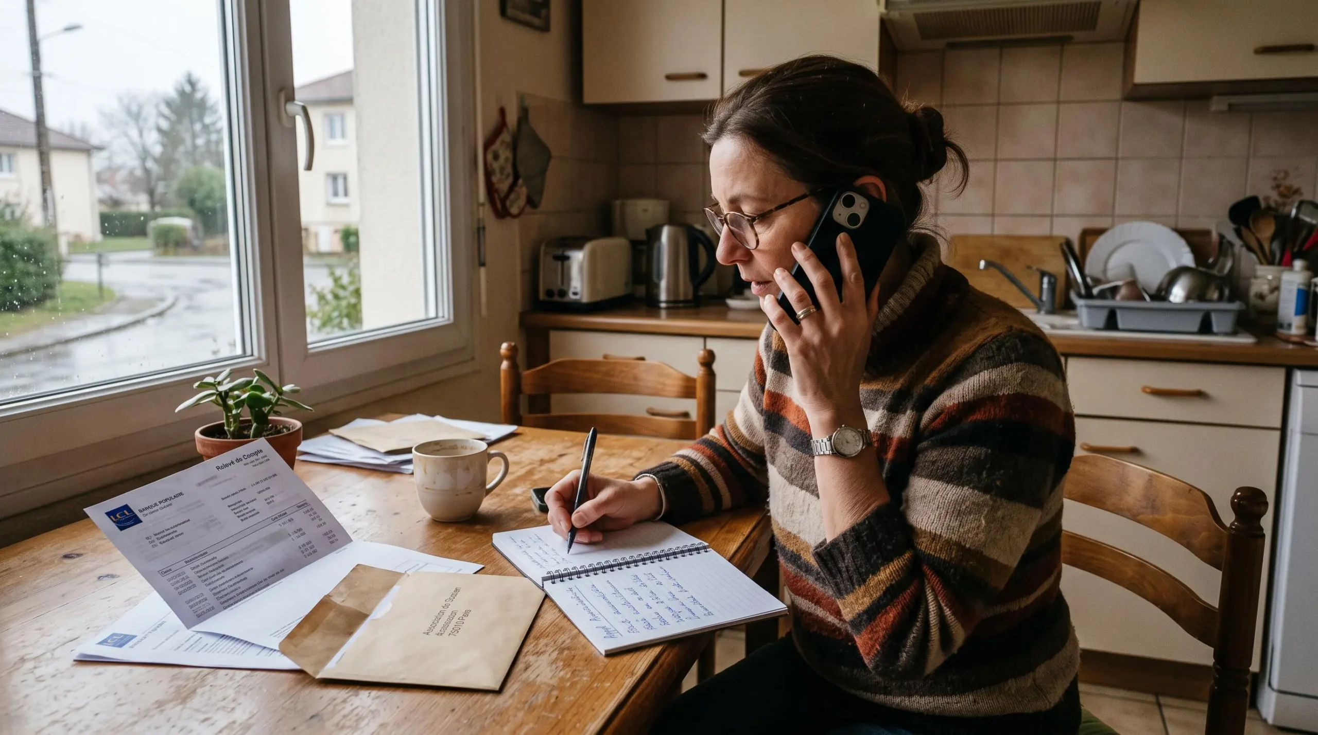 Une femme téléphone à une association en prenant des notes à côté d'un relevé bancaire.