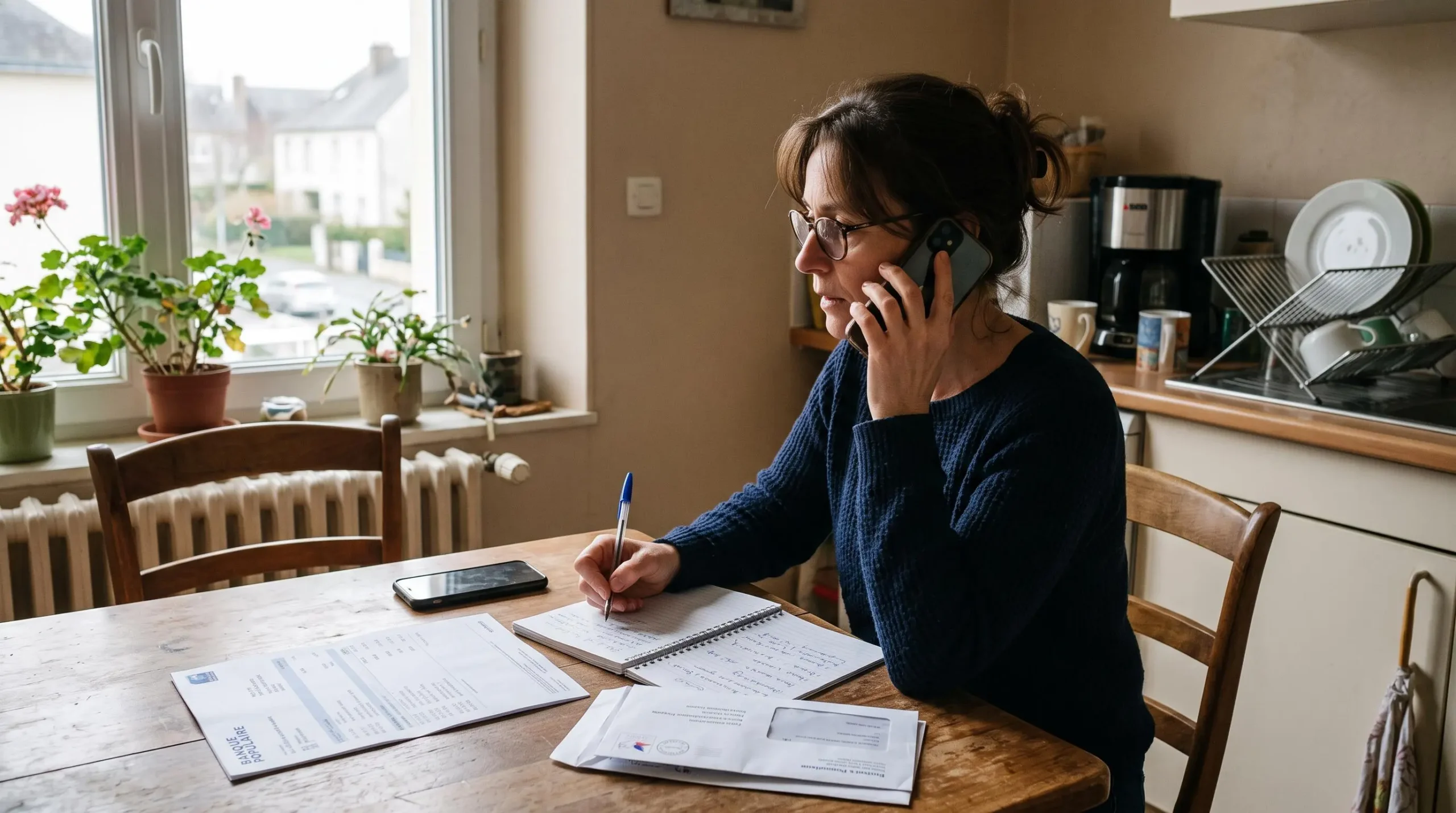 Une femme téléphone à une association en prenant des notes à côté d'un relevé bancaire.